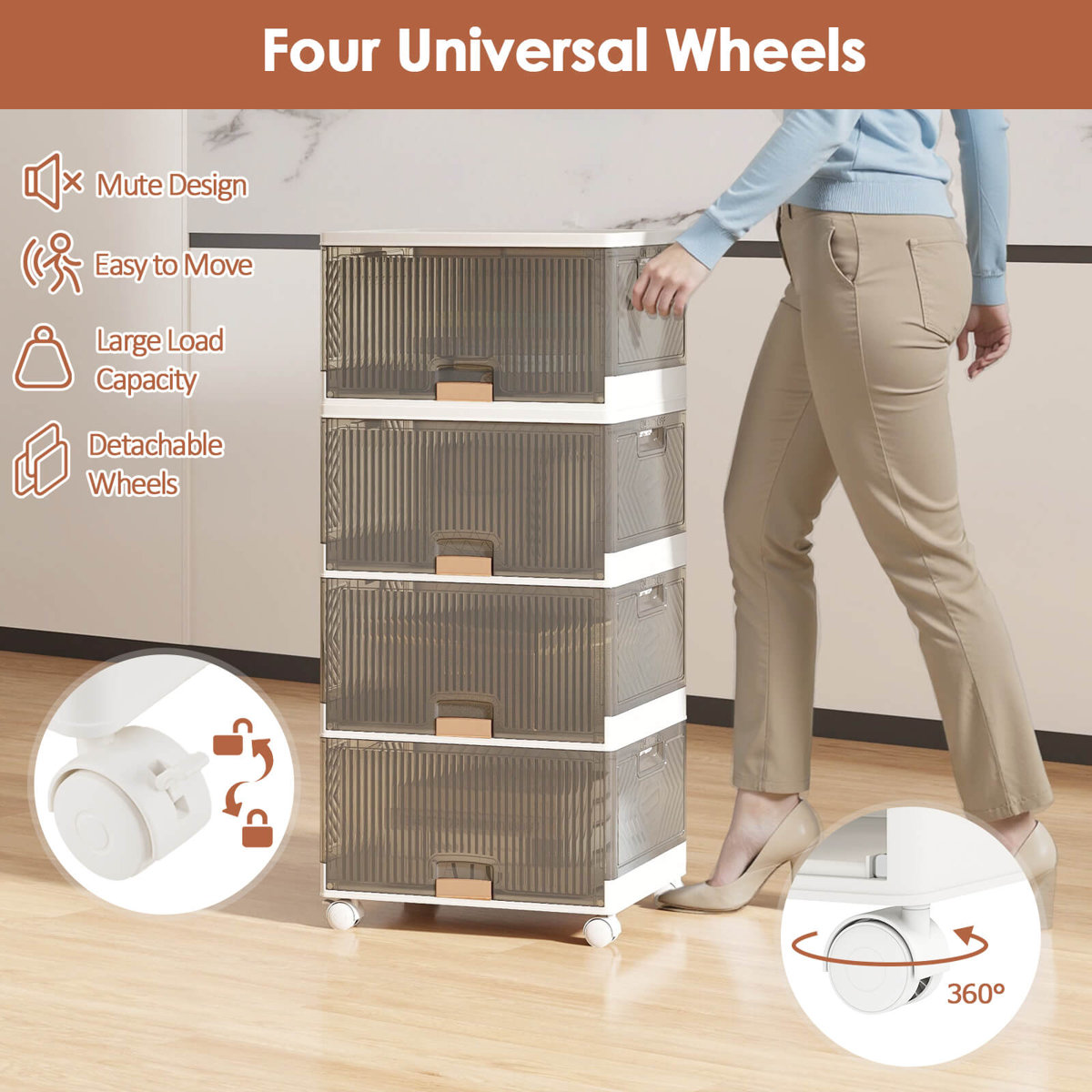 4-Cube Stackable Storage Bins with Detachable Wheels 13.5Gal Large Organizer